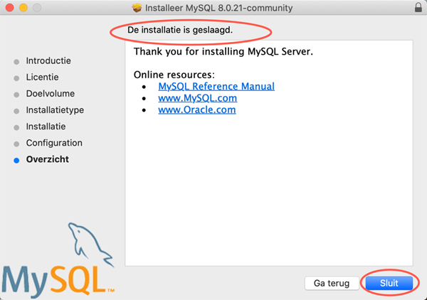 macOS MySQL Community Server Installatie dialoogvenster Overzicht